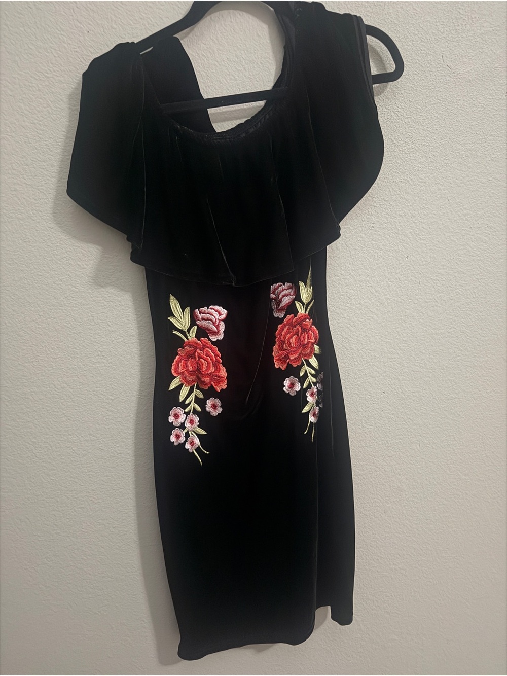 Black Velvet Dress with Red Rose Embroidery
